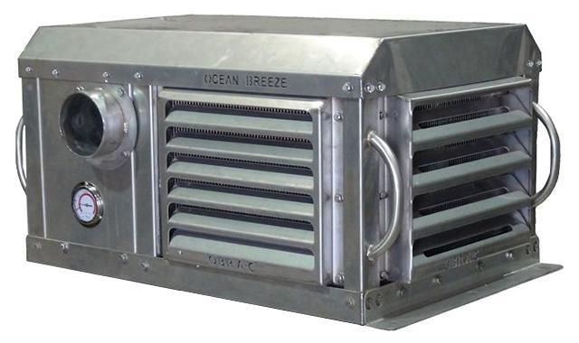 A stainless steel box with handles on the side is sitting on a white surface.