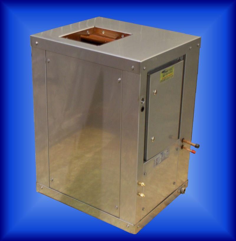 A stainless steel box with a warning label on it