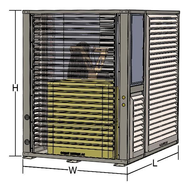 A drawing of a cage with measurements on it