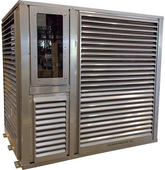 A large stainless steel container with a window and shutters