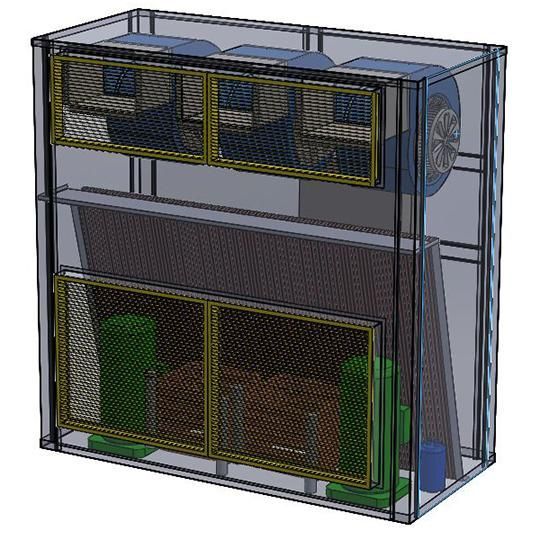 A computer generated image of a fan in a clear case.