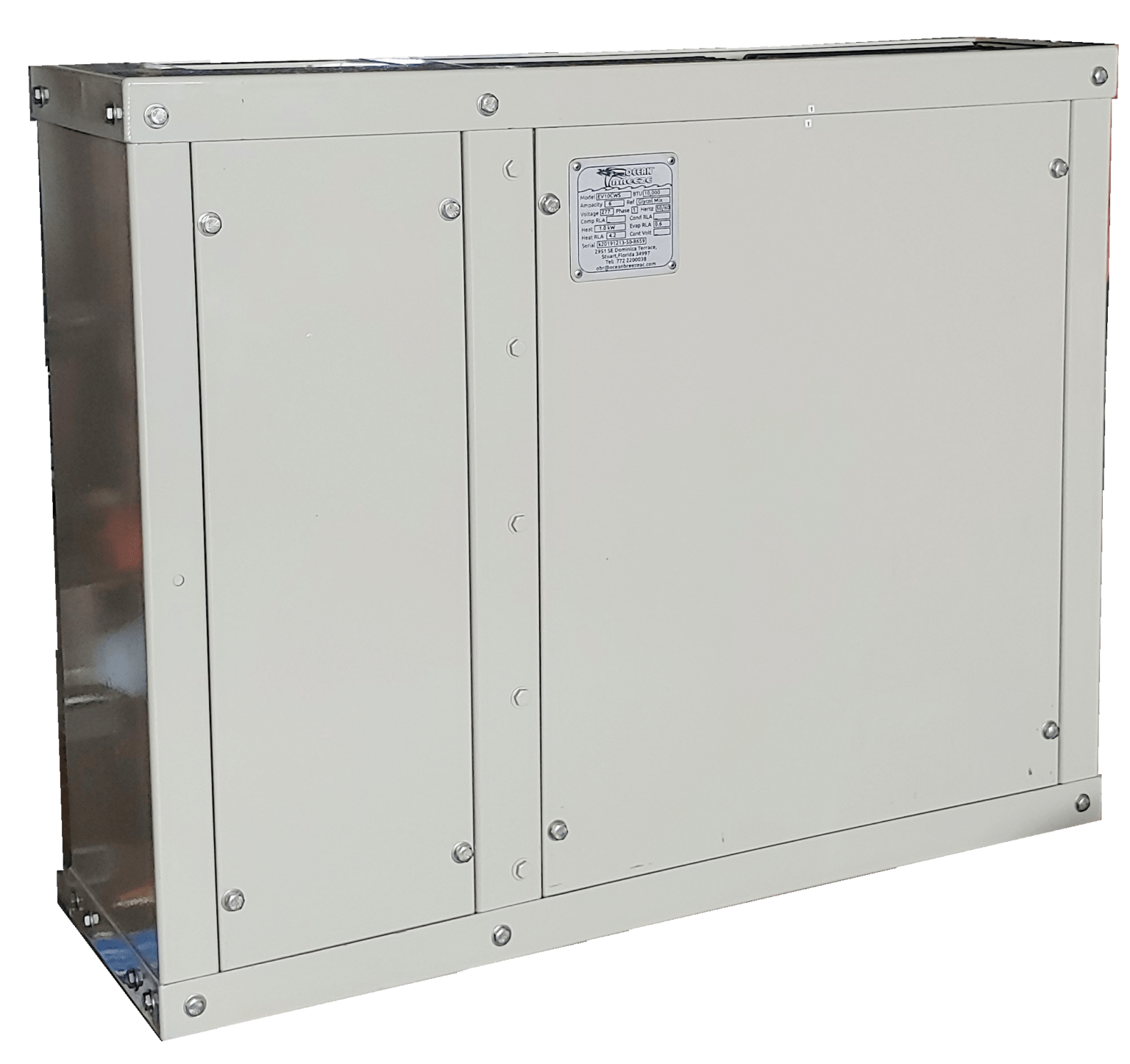 A white box with a sticker on the side of it