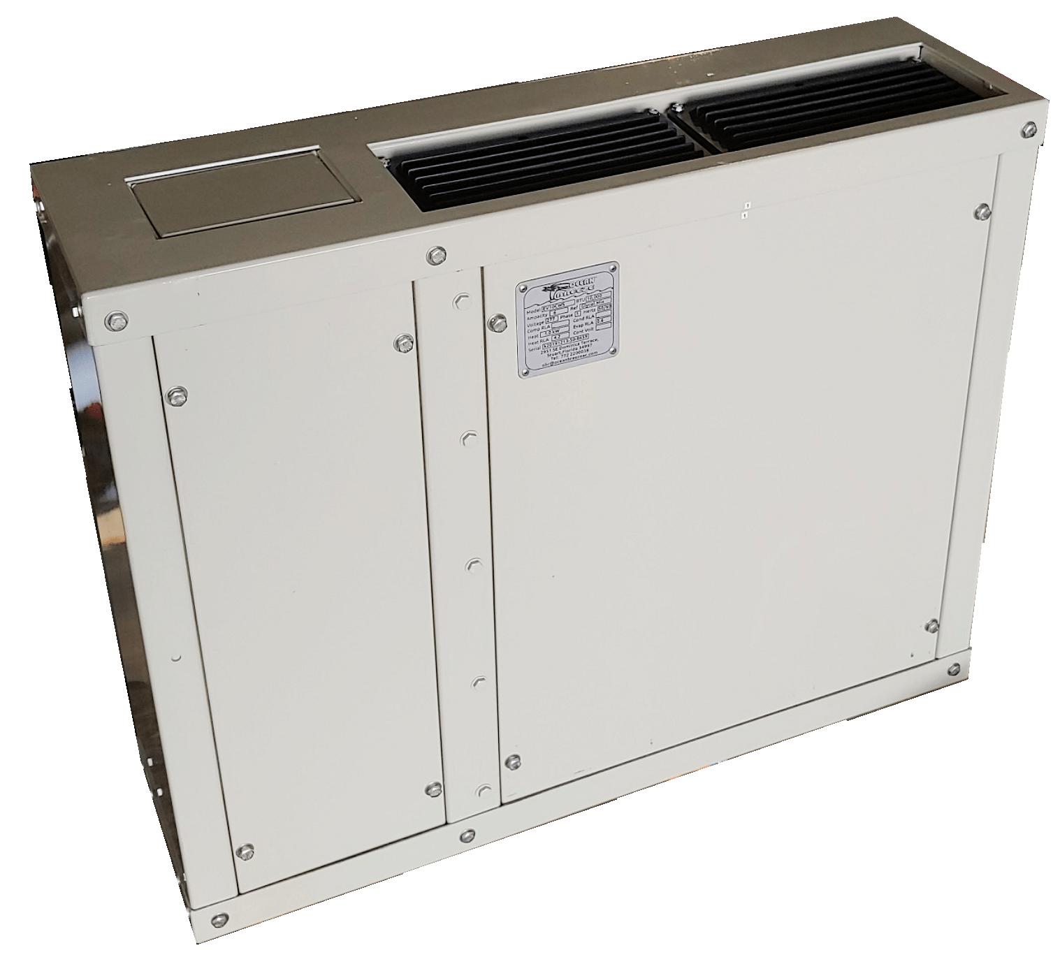 A white box with a stainless steel frame is sitting on a white surface