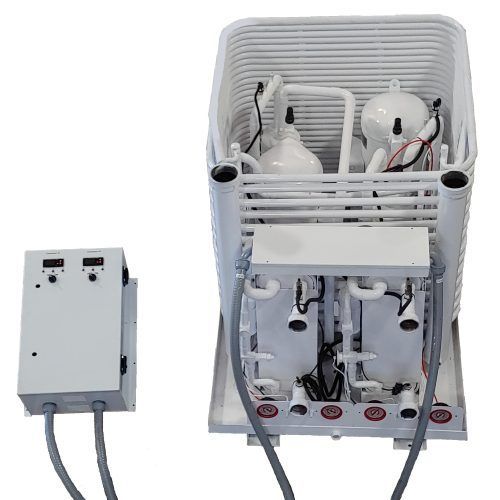 A white machine with a remote control attached to it