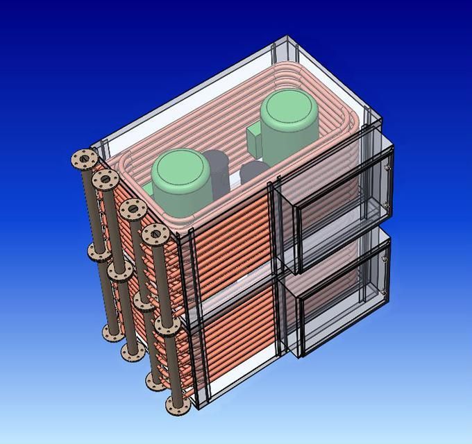 A drawing of a copper coil with two green cylinders inside