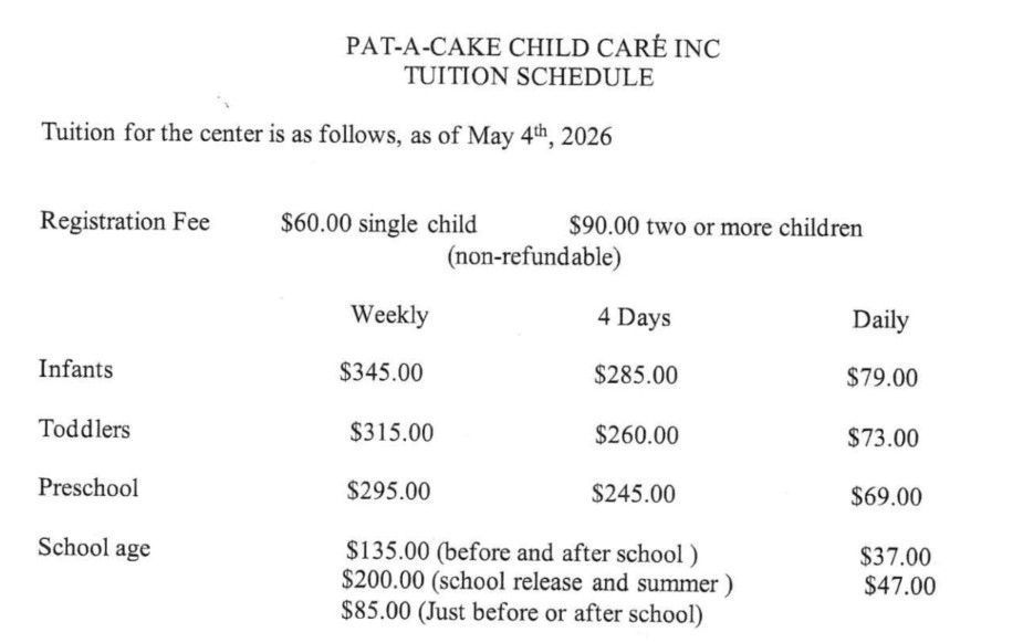Child care tuition notice listing fees by age group and weekly, 4-day, and daily rates.