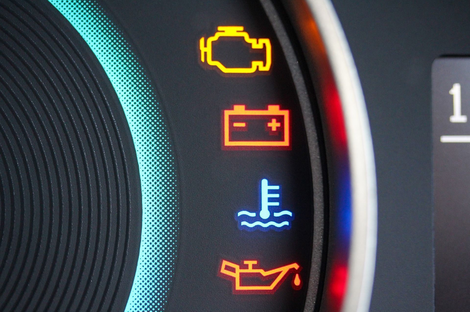 Car dashboard warning lights: check engine, battery, temperature, and oil indicators glowing
