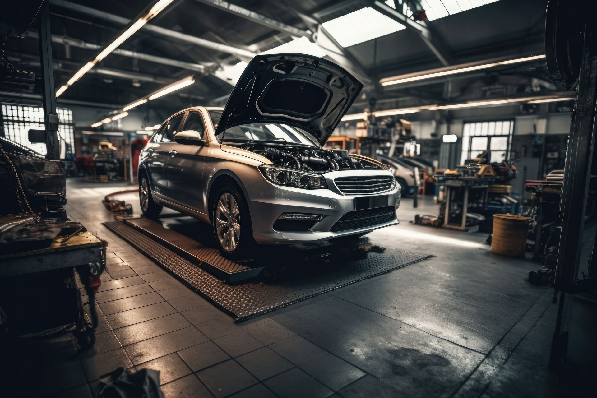 Silver SUV in an auto repair shop with its hood open on a lift, surrounded by tools and workbenches.