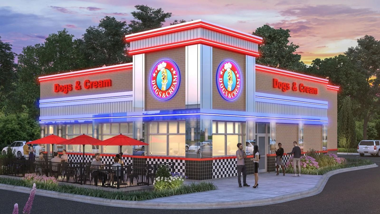 Modern Dairy Queen storefront at dusk, with outdoor seating, red accents, and illuminated signs.