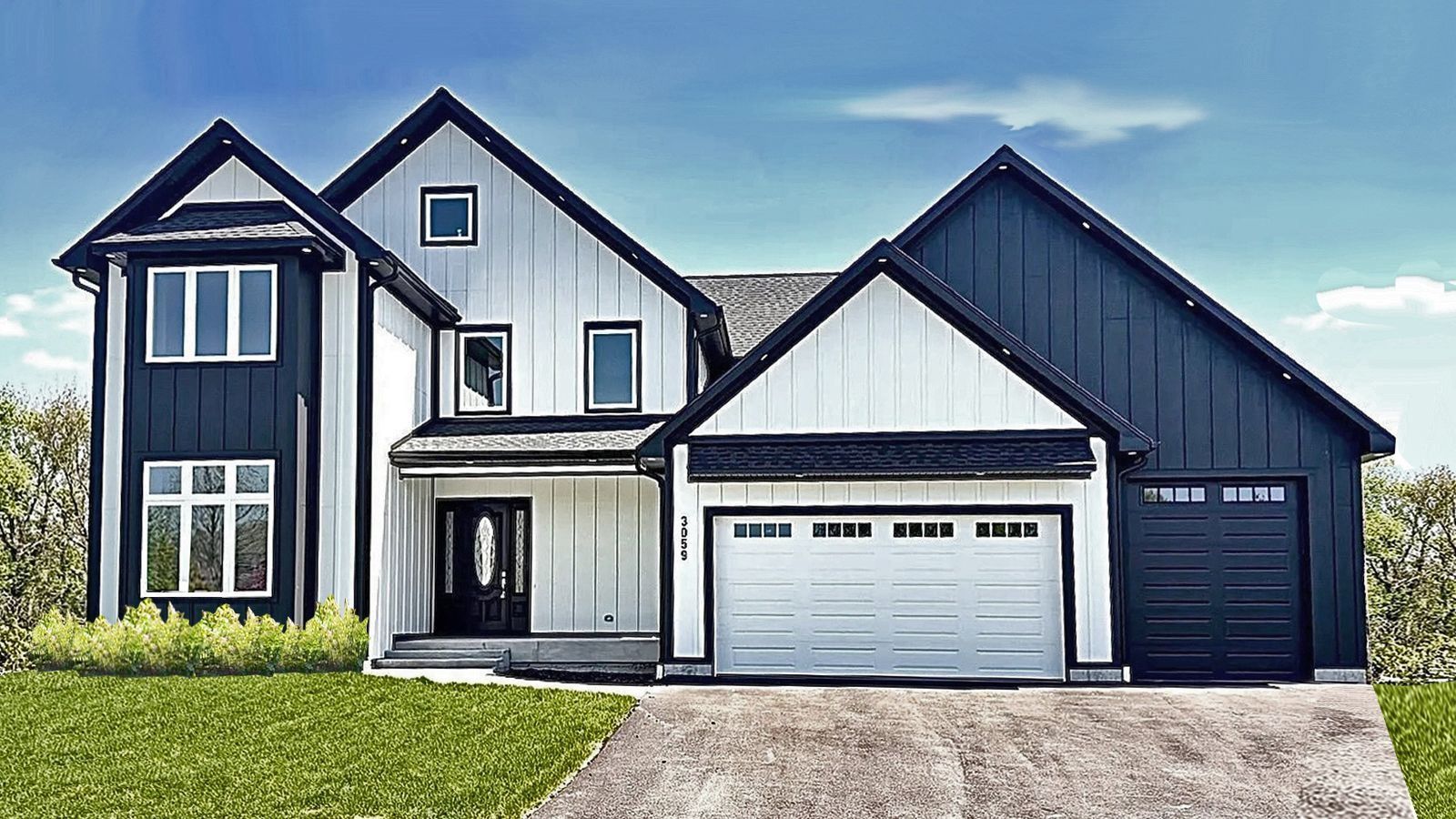 Modern two-story house with white and dark gray siding, front porch, double garage, and green lawn