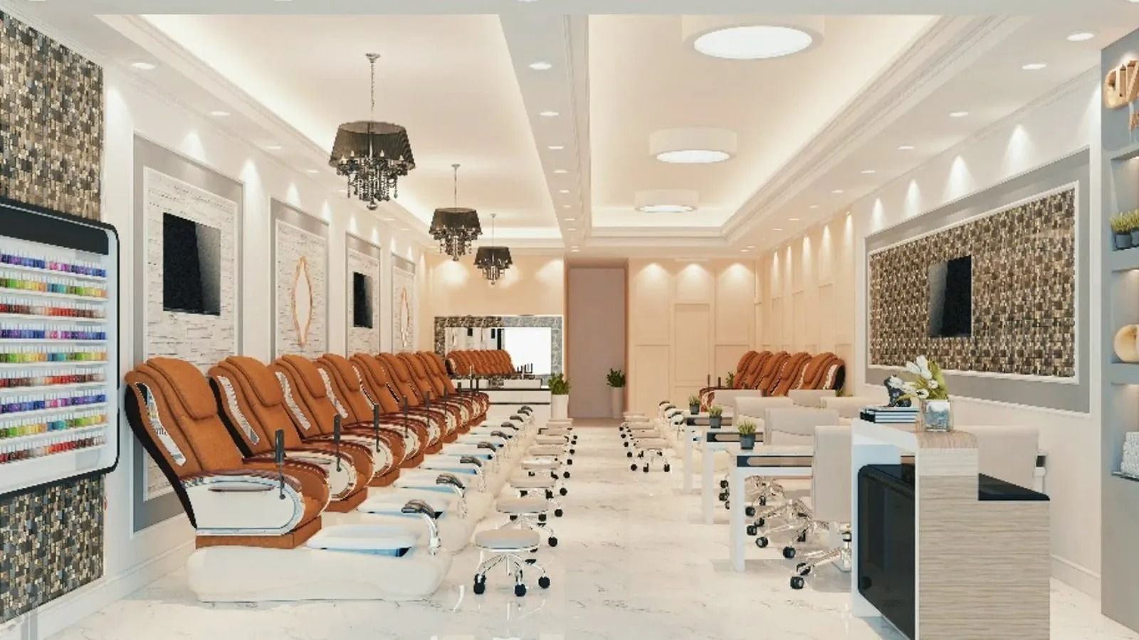 Modern dental clinic waiting room with orange chairs, white decor, and bright ceiling lights