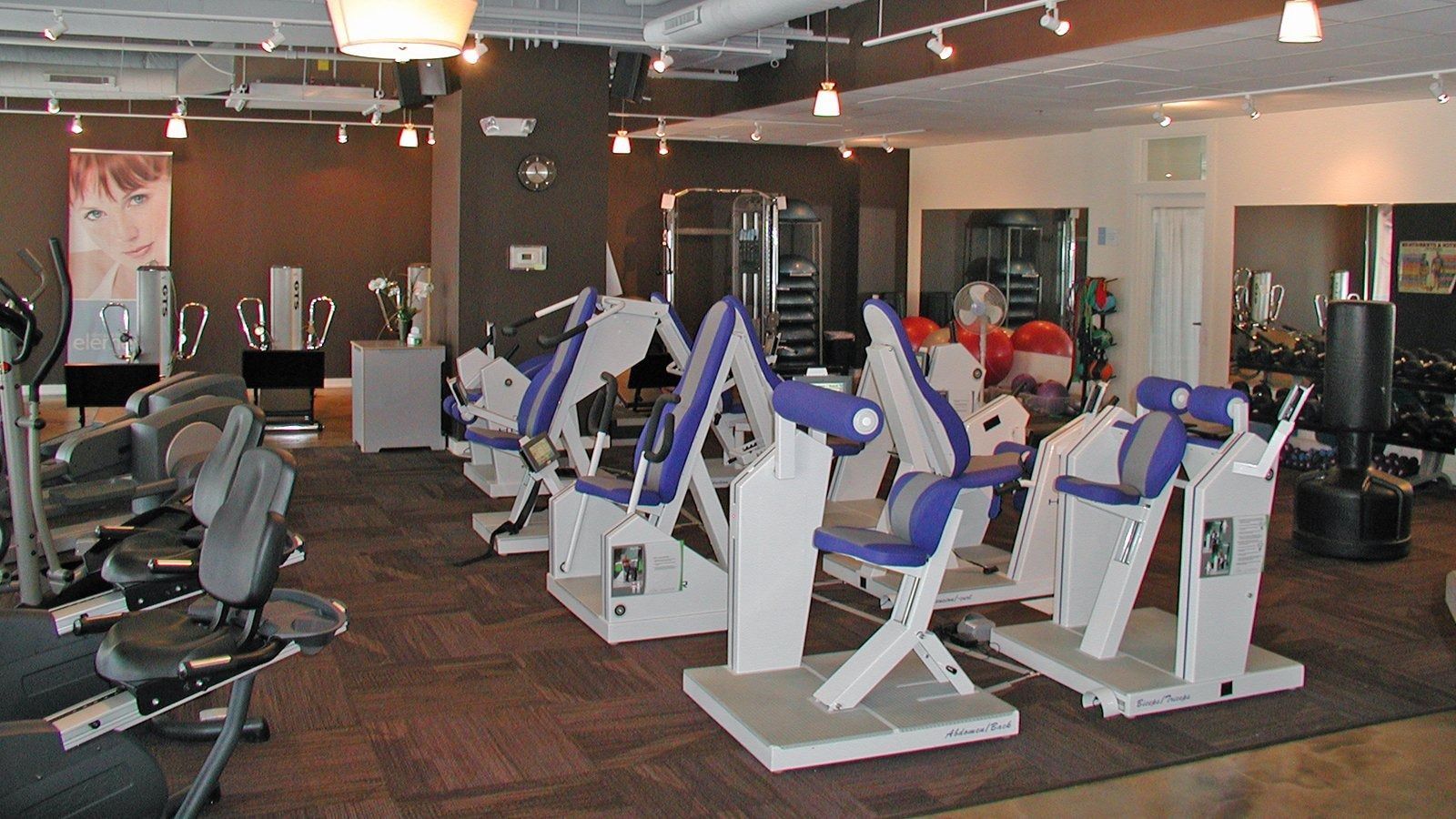 Gym with rows of white exercise machines and treadmills in a carpeted fitness room