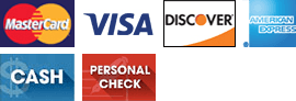 MasteCard, Visa, Discover, American Express, Cash, Personal Check