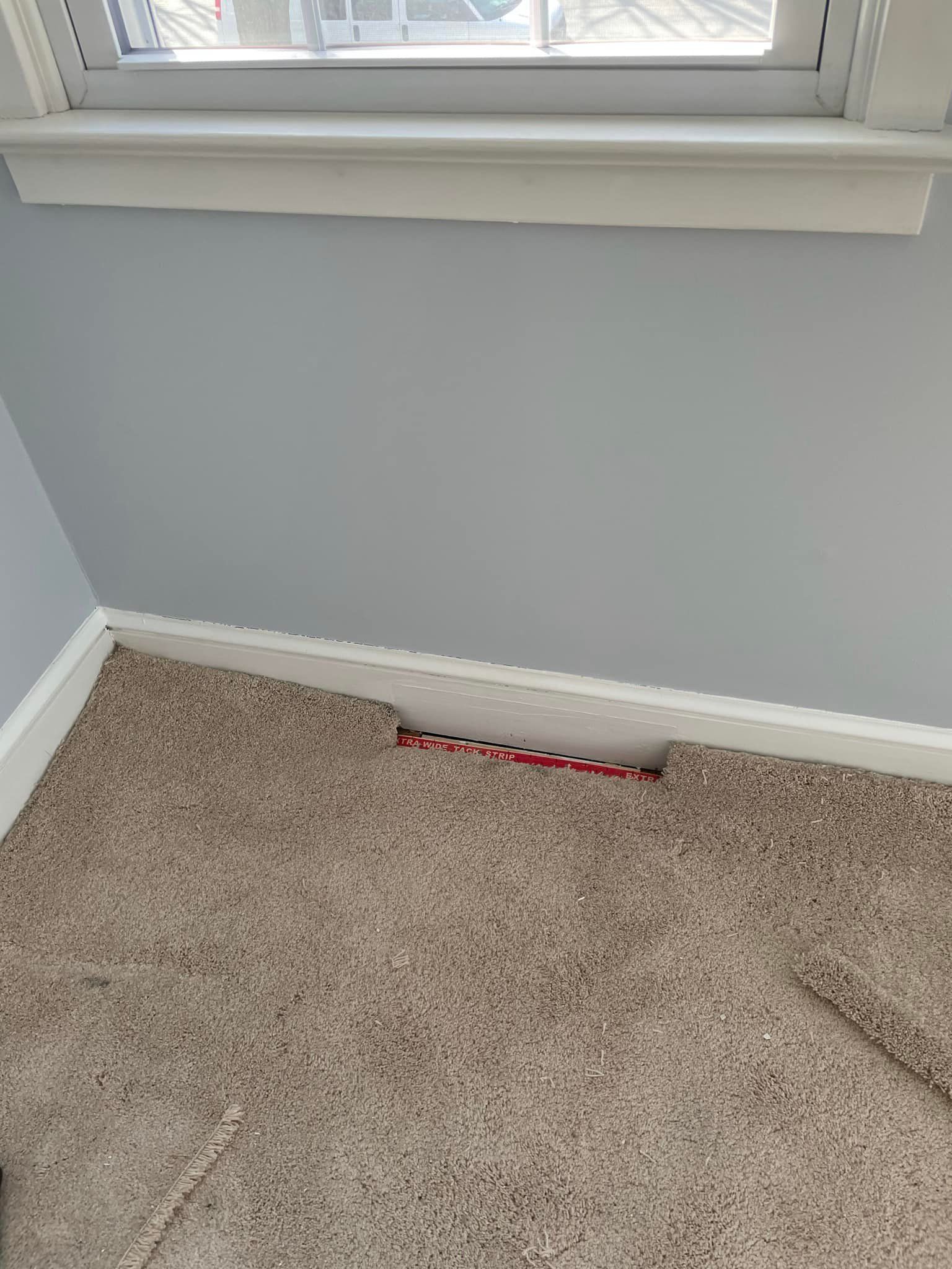 A room with a carpeted floor and a window.