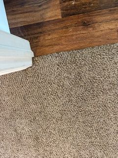brown wood flooring and beige carpet near a white door frame