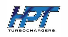 A blue logo for hpt turbochargers on a white background.