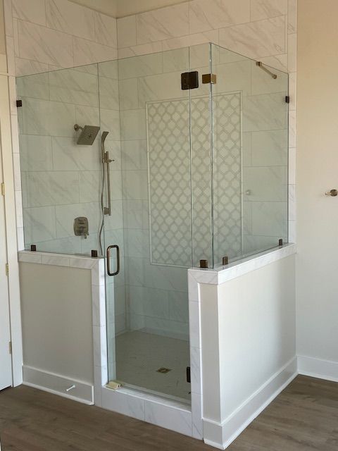 A glass shower enclosure