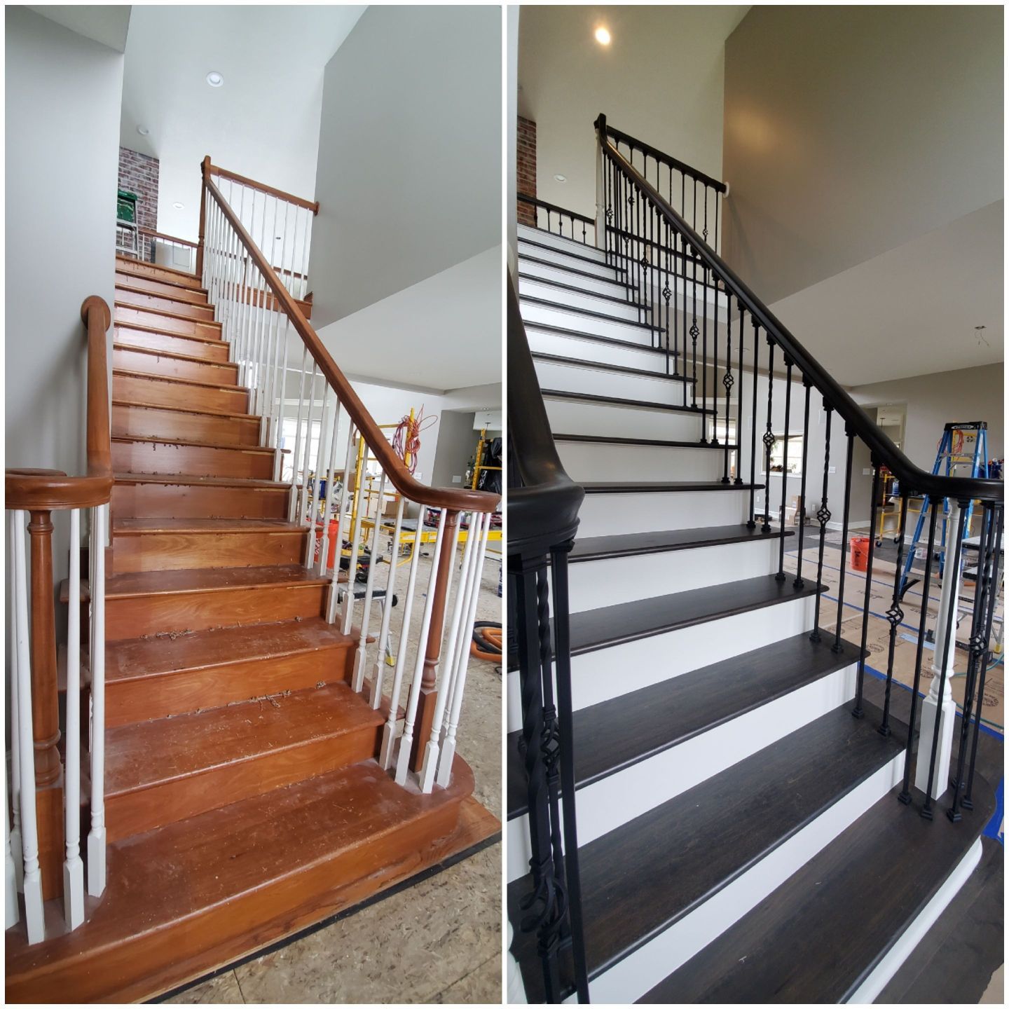 Staircase before-and-after renovation: wooden stairs replaced with white steps and black railings