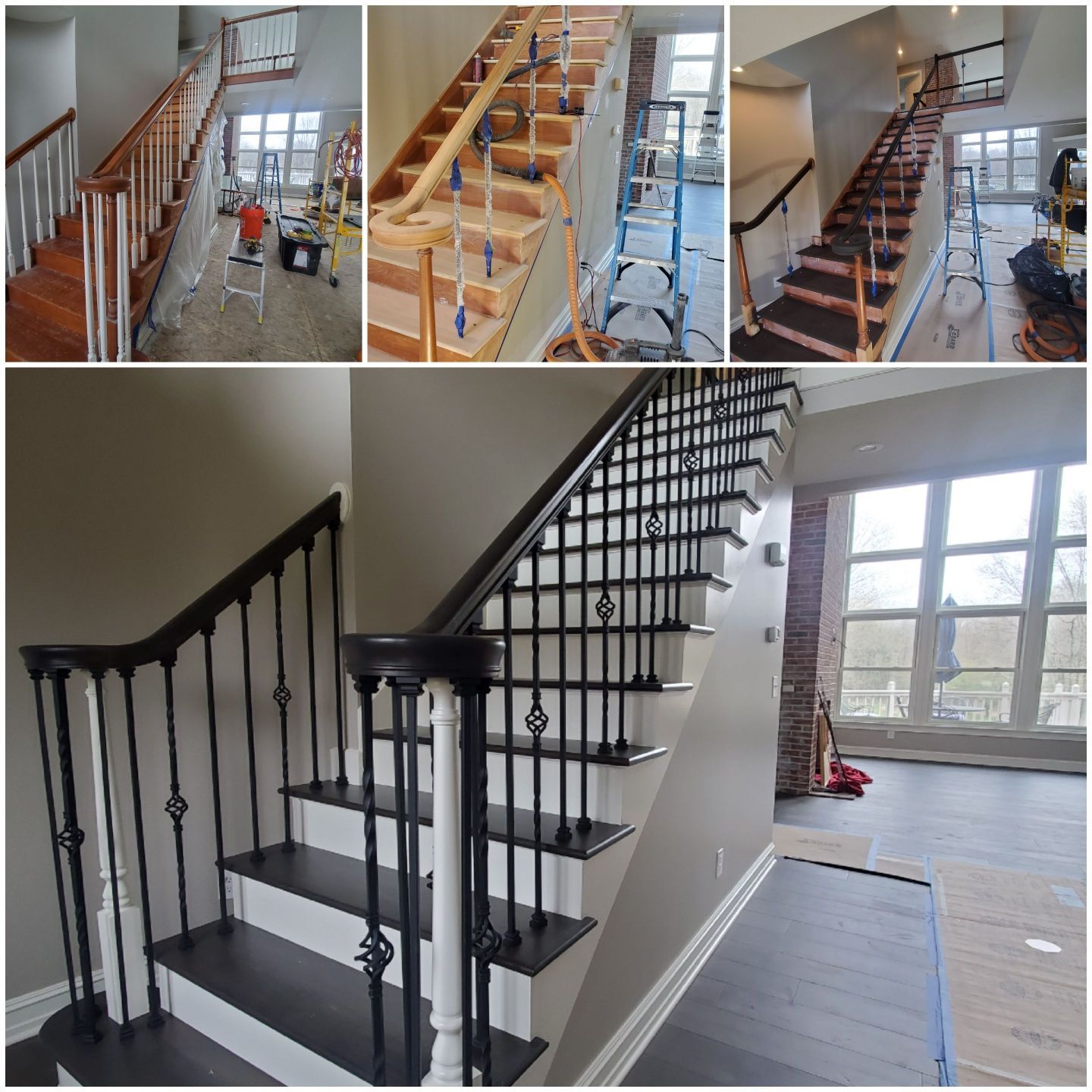 Interior staircases with wooden treads and black railings in a bright unfinished room.