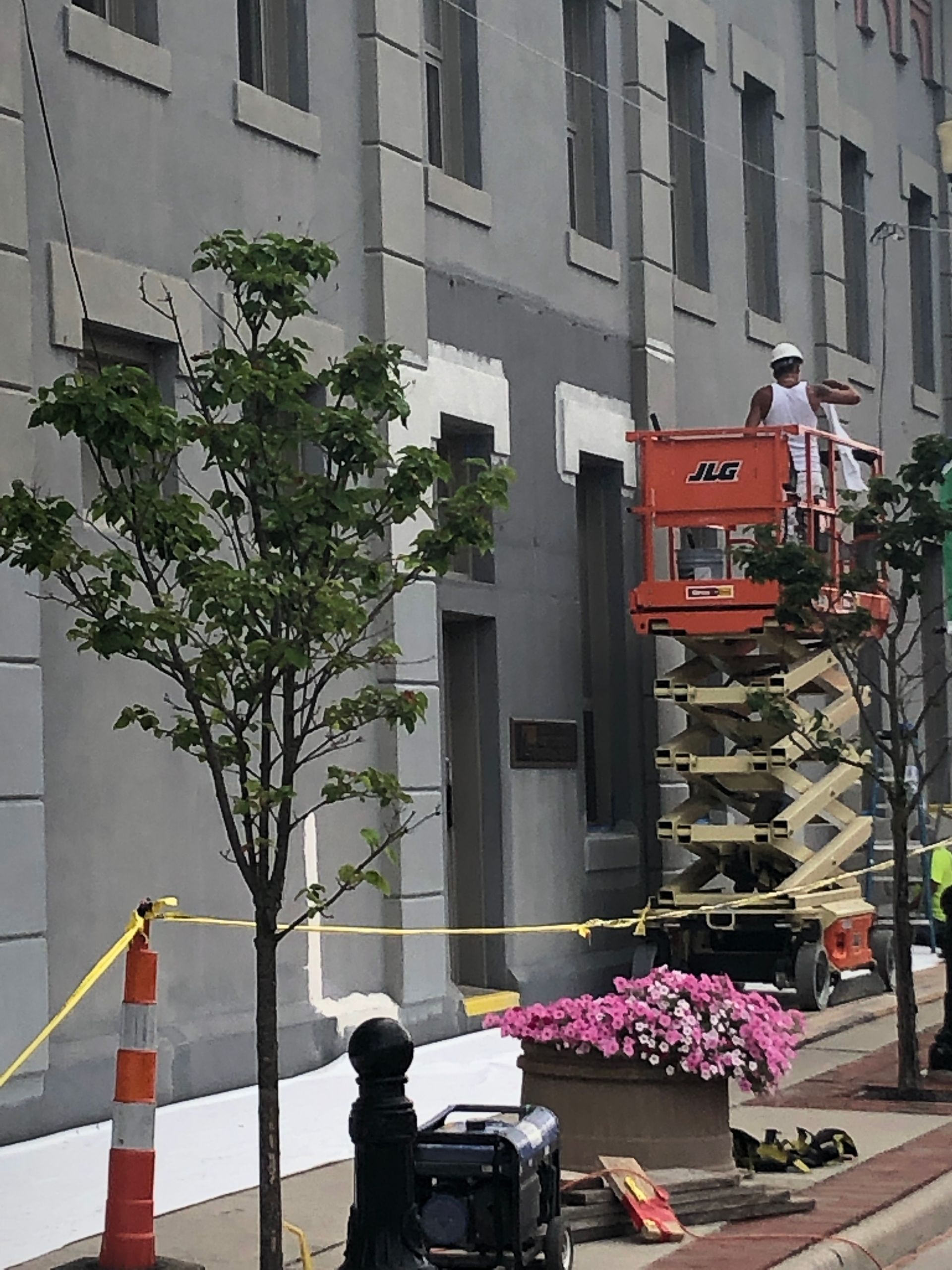 Workers in a cherry picker trimming a tree beside a gray building, with cones and pink flowers below.