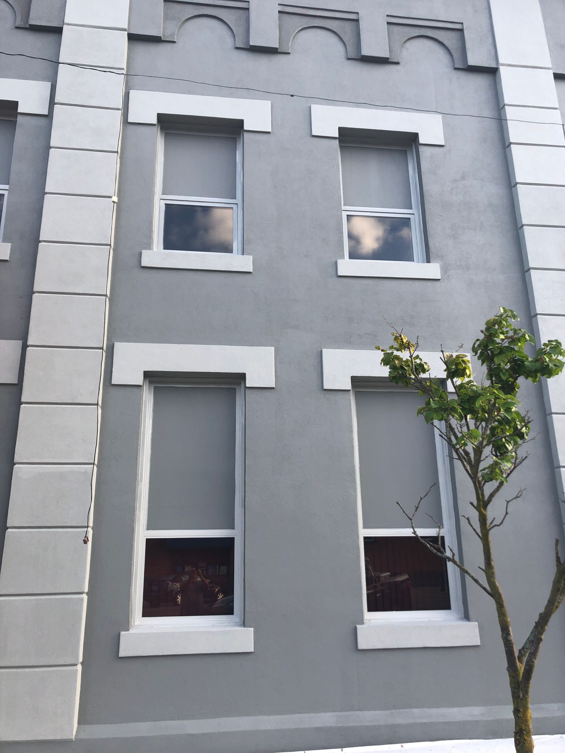 Gray building facade with two rows of windows and a small tree in front