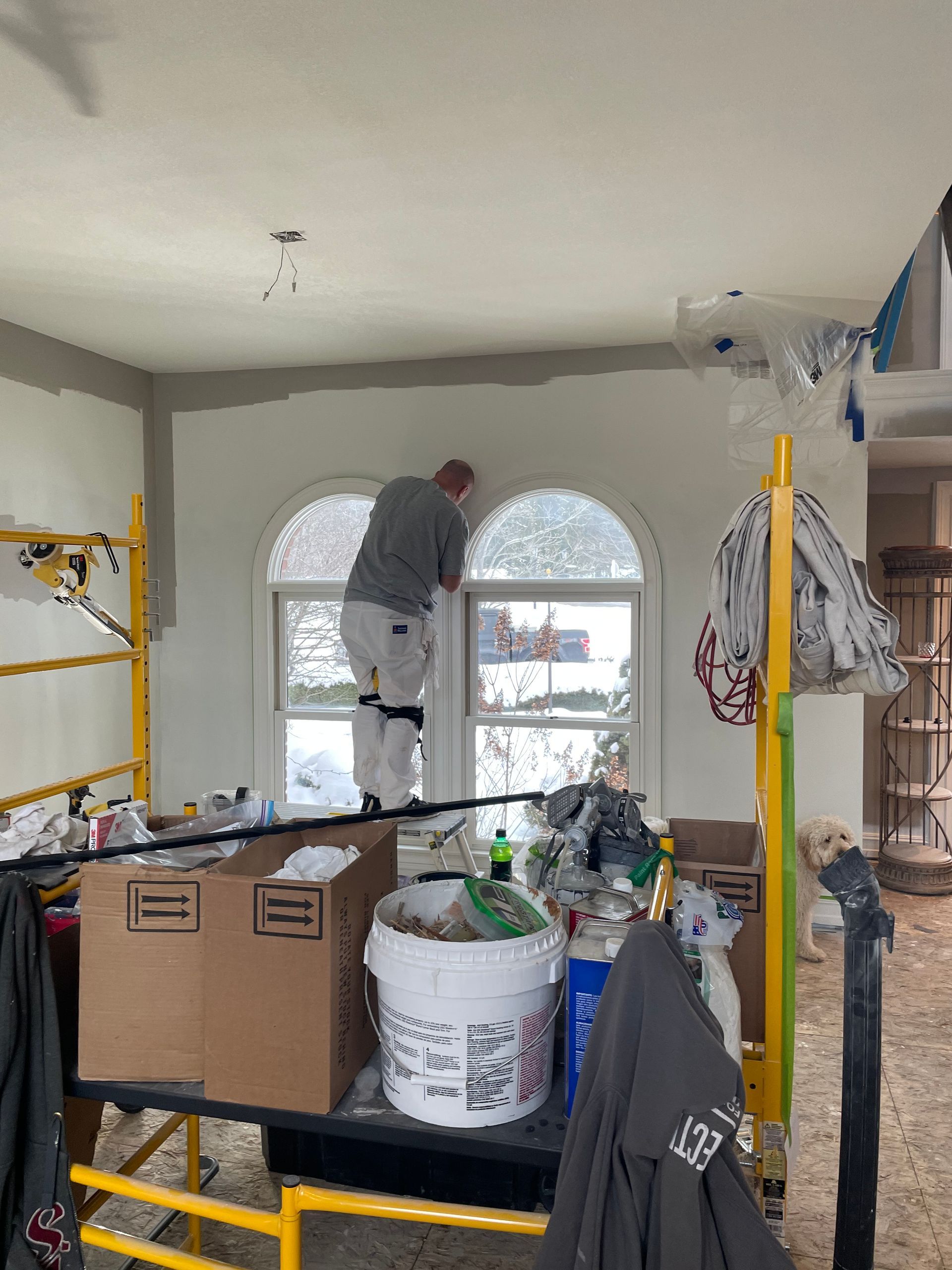 Person on a ladder painting a room with arched windows, surrounded by renovation supplies.