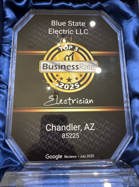 Plaque for Blue State Electric LLC, named Top 3 Electrician in Chandler, AZ by BusinessRate 2025.