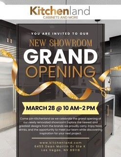 Flyer for Kitchenland showroom grand opening on March 28, 10 AM-2 PM, located at 8455 Dean Martin Dr, Las Vegas.
