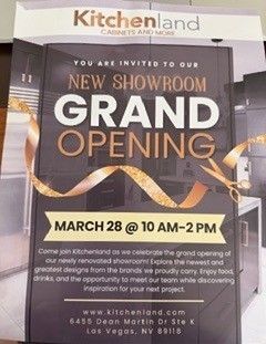 Flyer for Kitchenland's showroom grand opening on March 28, 10 AM-2 PM, at 6455 Dean Martin Dr, Las Vegas, NV 89118.