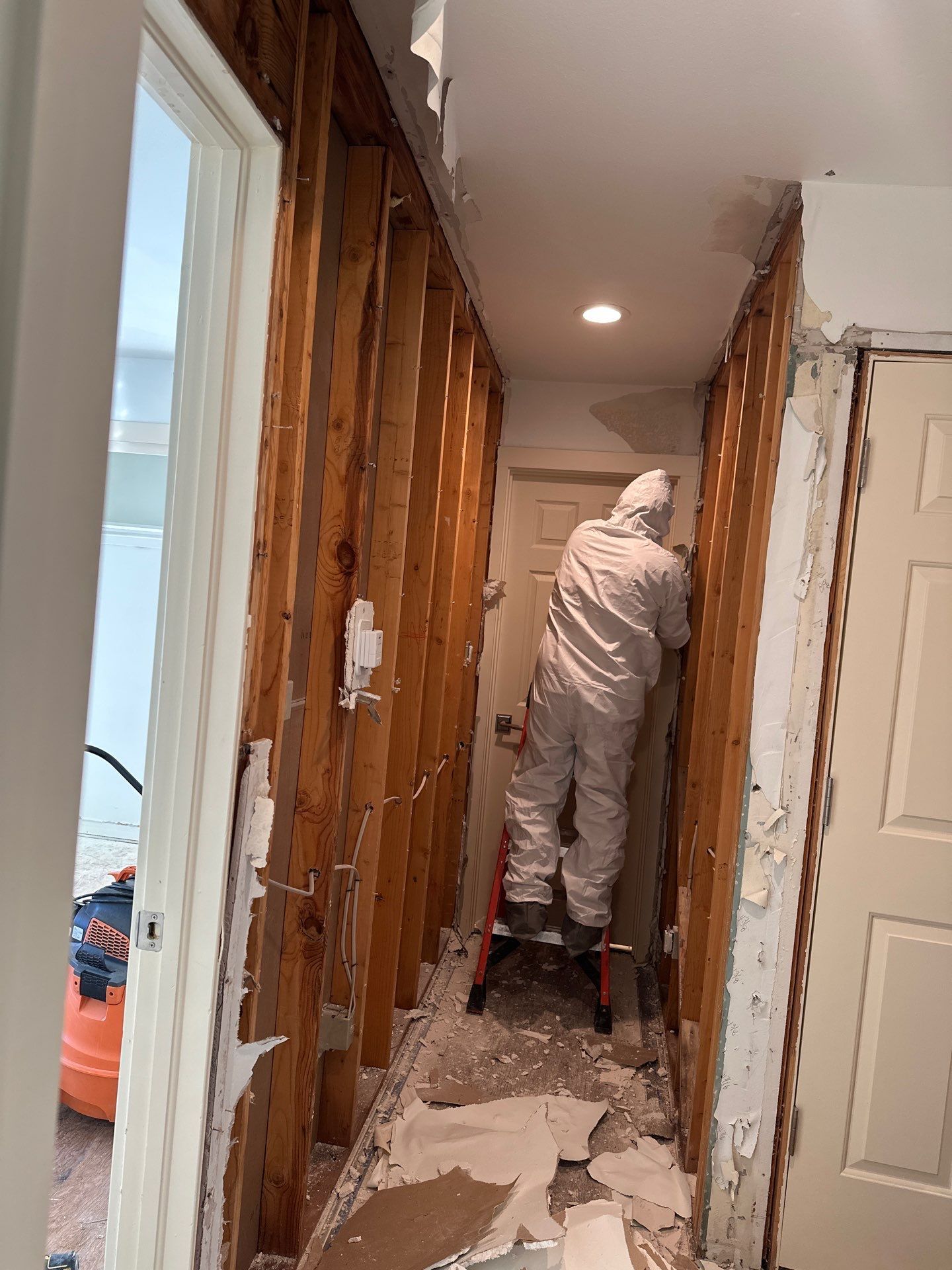 A man is standing on a ladder in a hallway