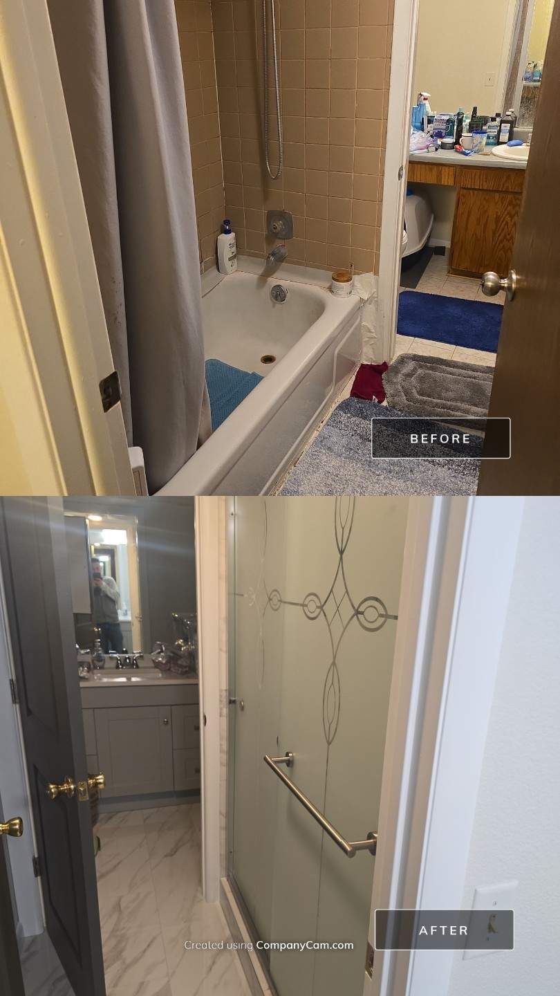 A before and after photo of a bathroom