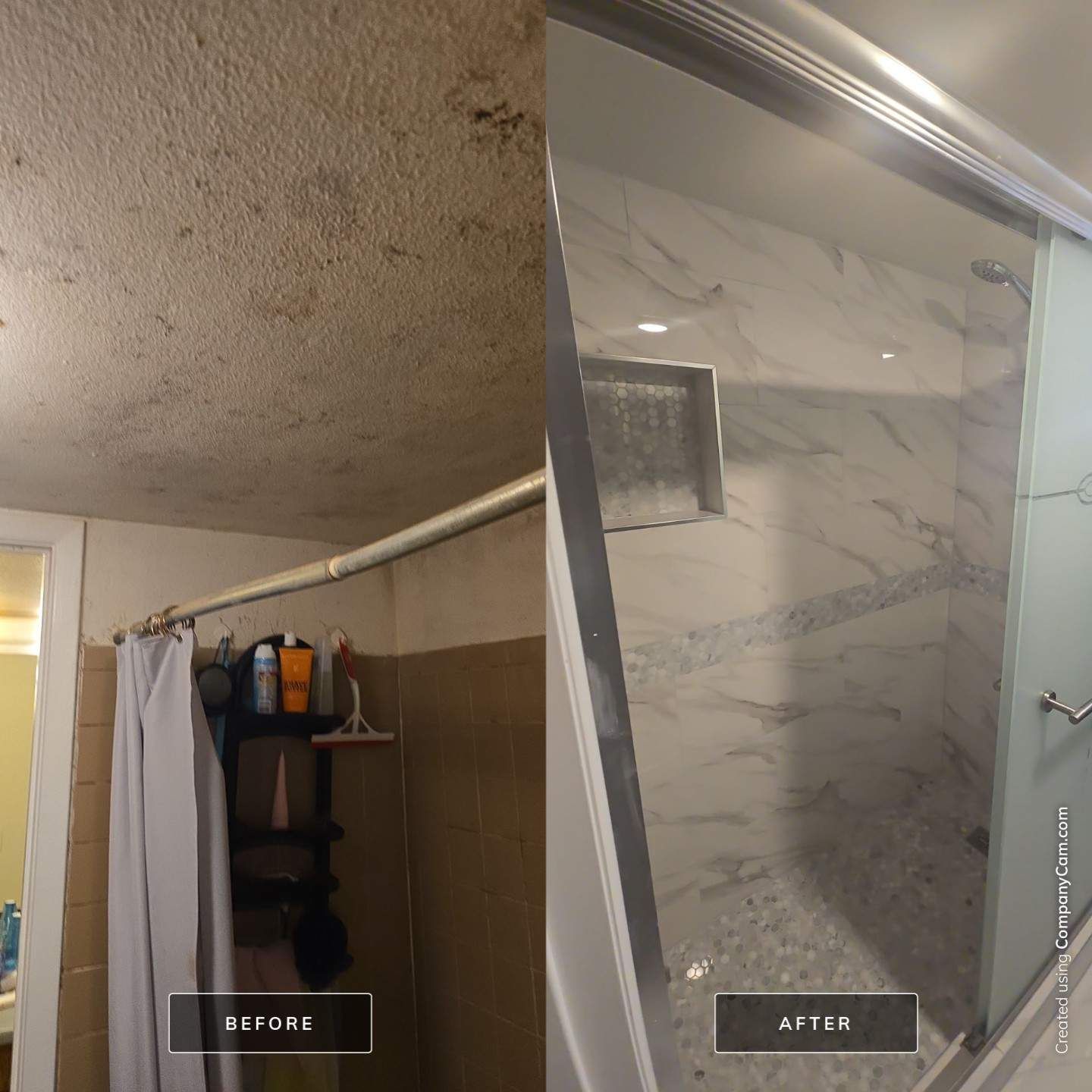 A before and after photo of a bathroom with a shower