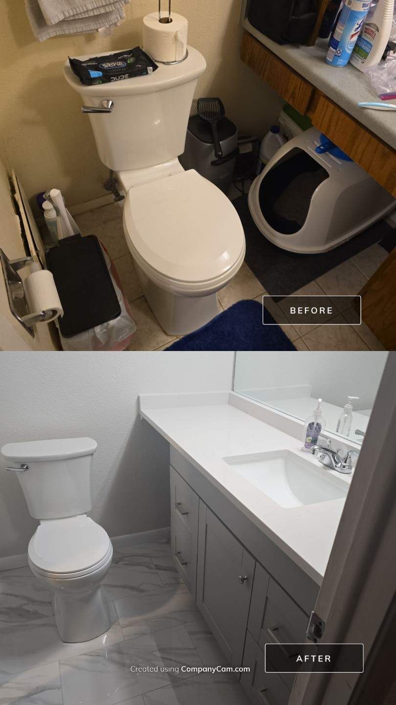 A before and after picture of a bathroom toilet