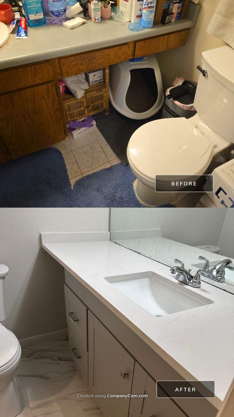 A before and after photo of a bathroom countertop