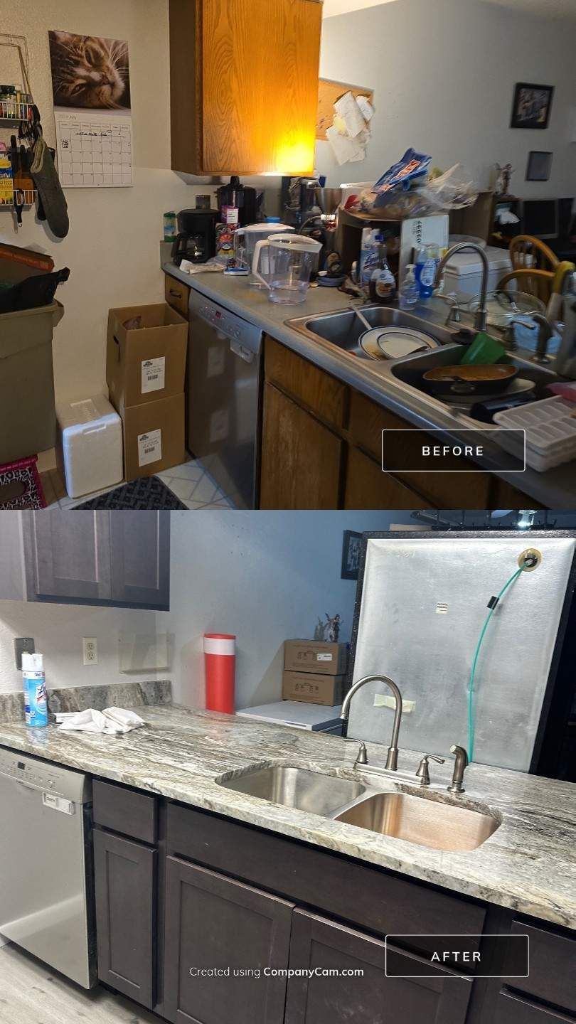 A before and after photo of a kitchen with a sink