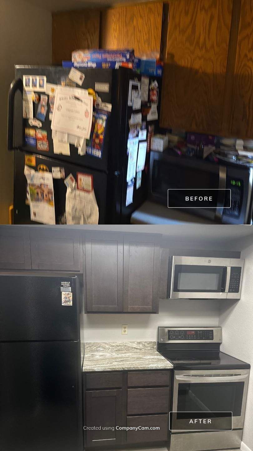 A before and after photo of kitchen cabinets
