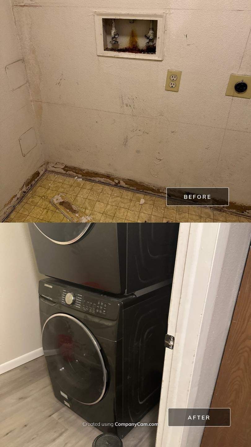 A before and after photo of a laundry room with a washer and dryer