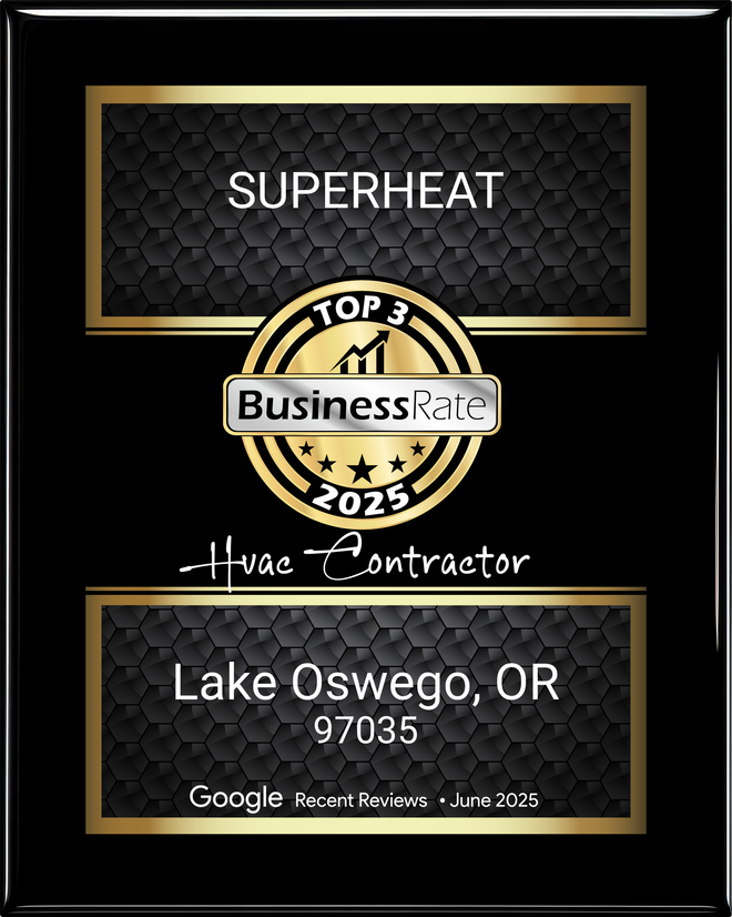 Plaque for Superheat, a top 3 HVAC contractor in Lake Oswego, OR, 2023. Black and gold design.