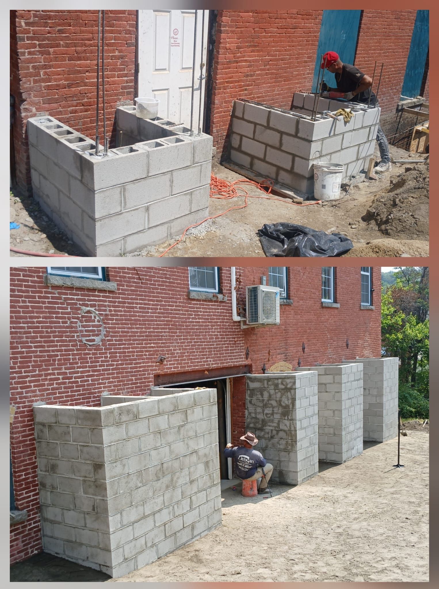 Construction worker building concrete block walls outside a brick building.
