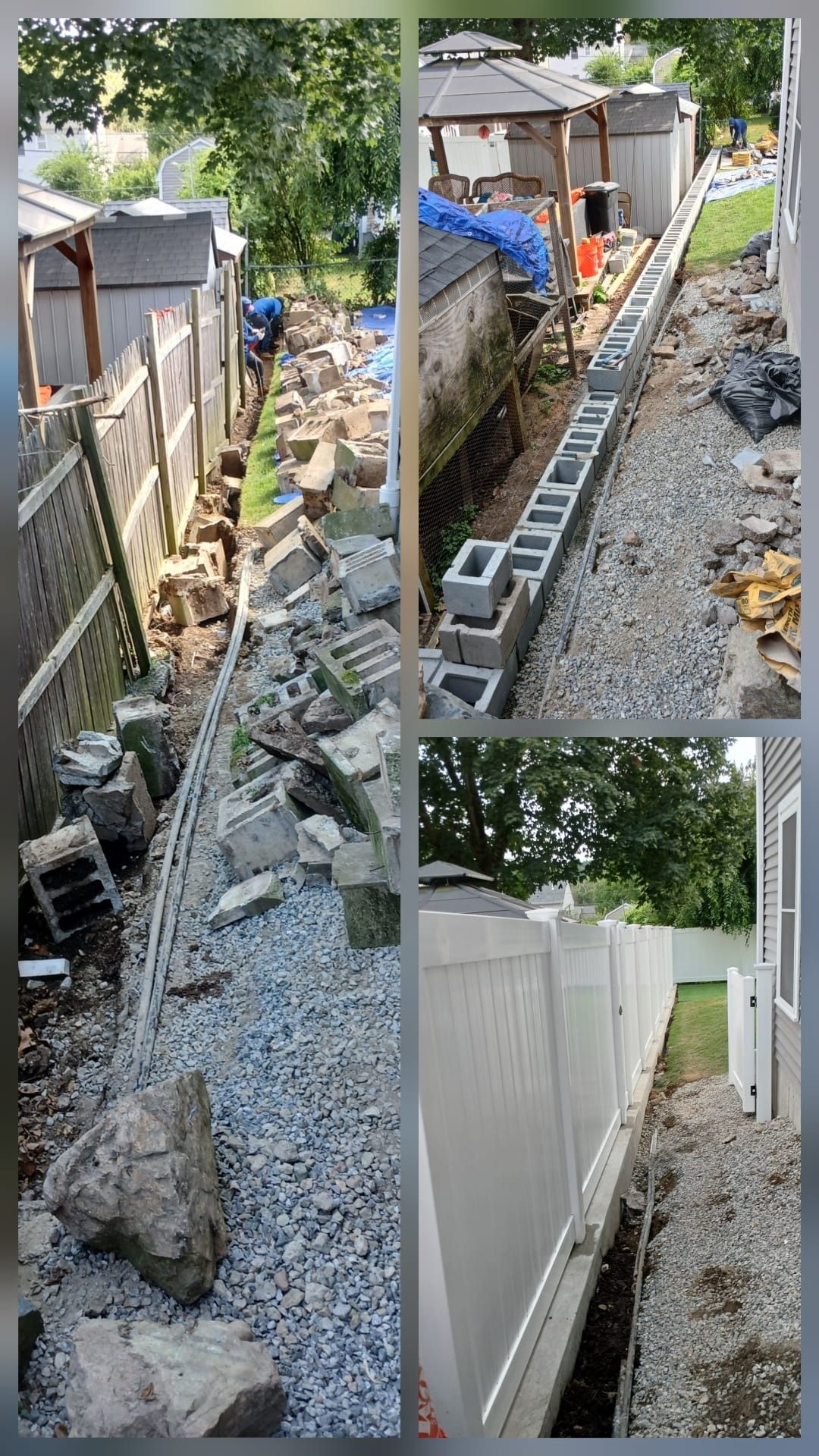 Collage shows fence construction: demolition, block wall, and new white vinyl fence along a property line.