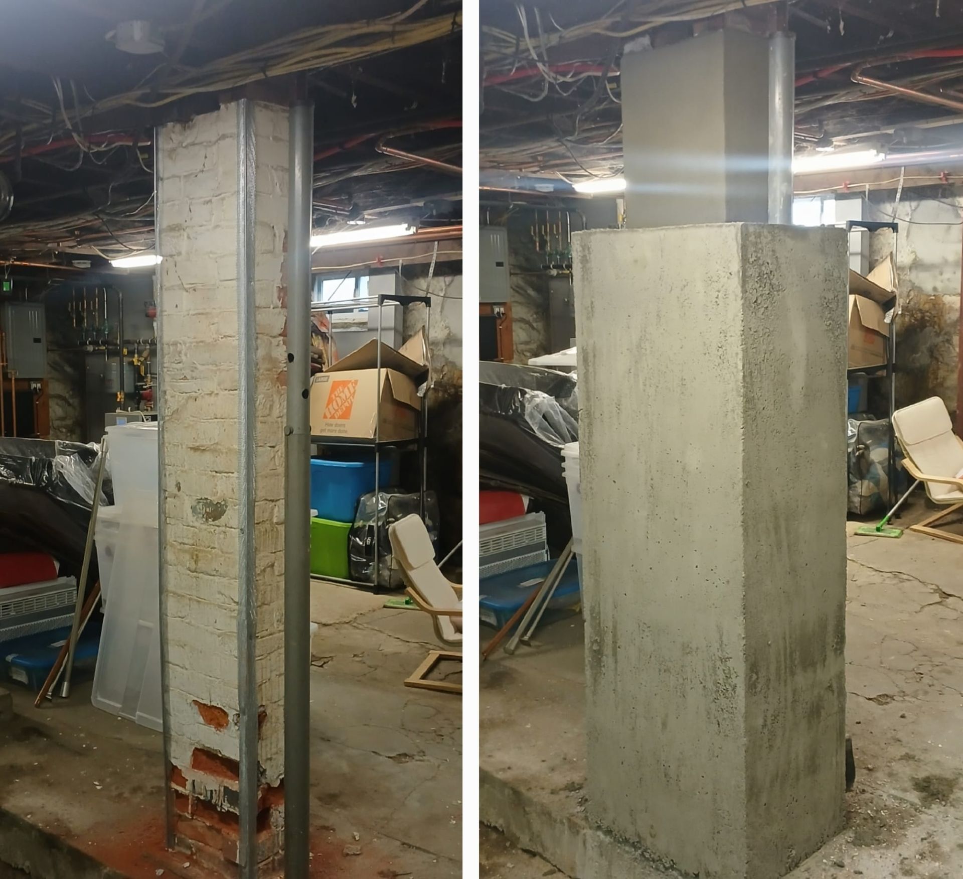Two photos: brick/metal and concrete support columns in a basement; various items stored in background.