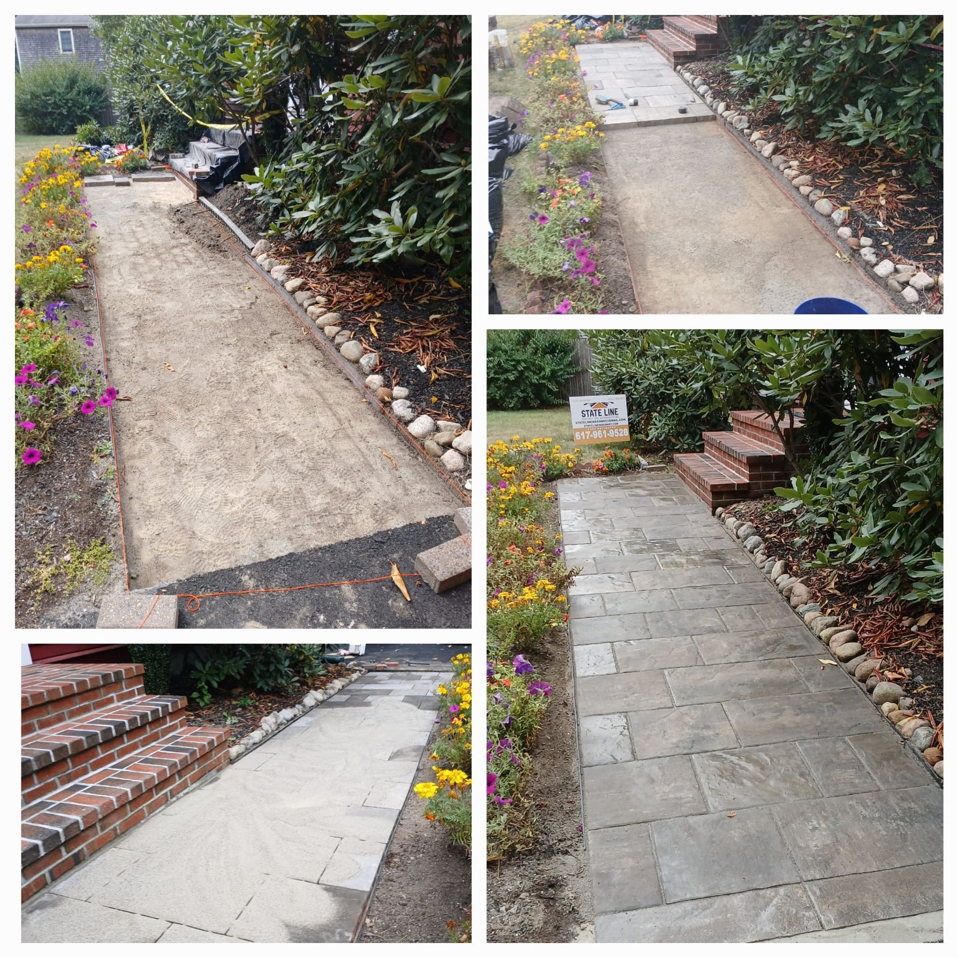 Pathway renovation showing progress: removed dirt, installed pavers, edged with stones, bordering flowers.