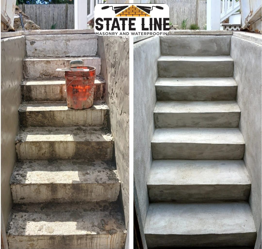 Before and after comparison of concrete steps. Left: rough steps. Right: smooth, newly poured steps.