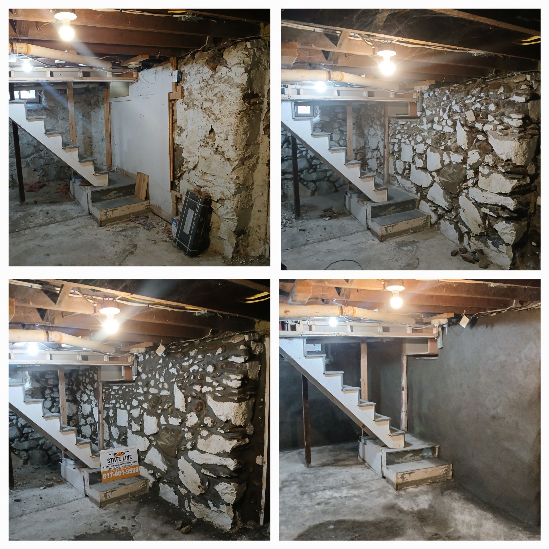 Four-panel photo of a basement stairwell with stone walls, showing renovation progress.