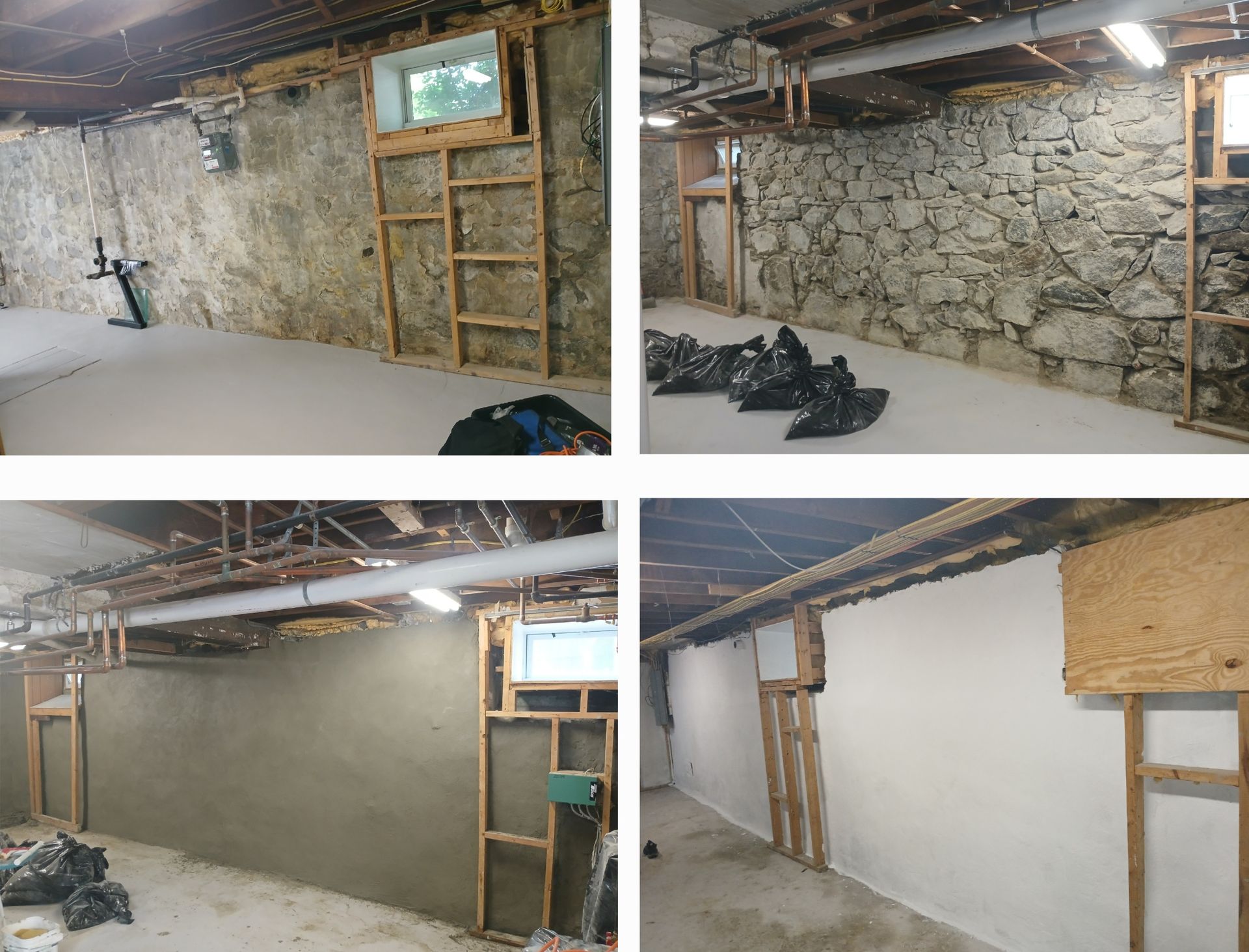 Four photos showing a basement renovation: stone walls, framed window/door areas, concrete floor, and fresh plaster on some walls.
