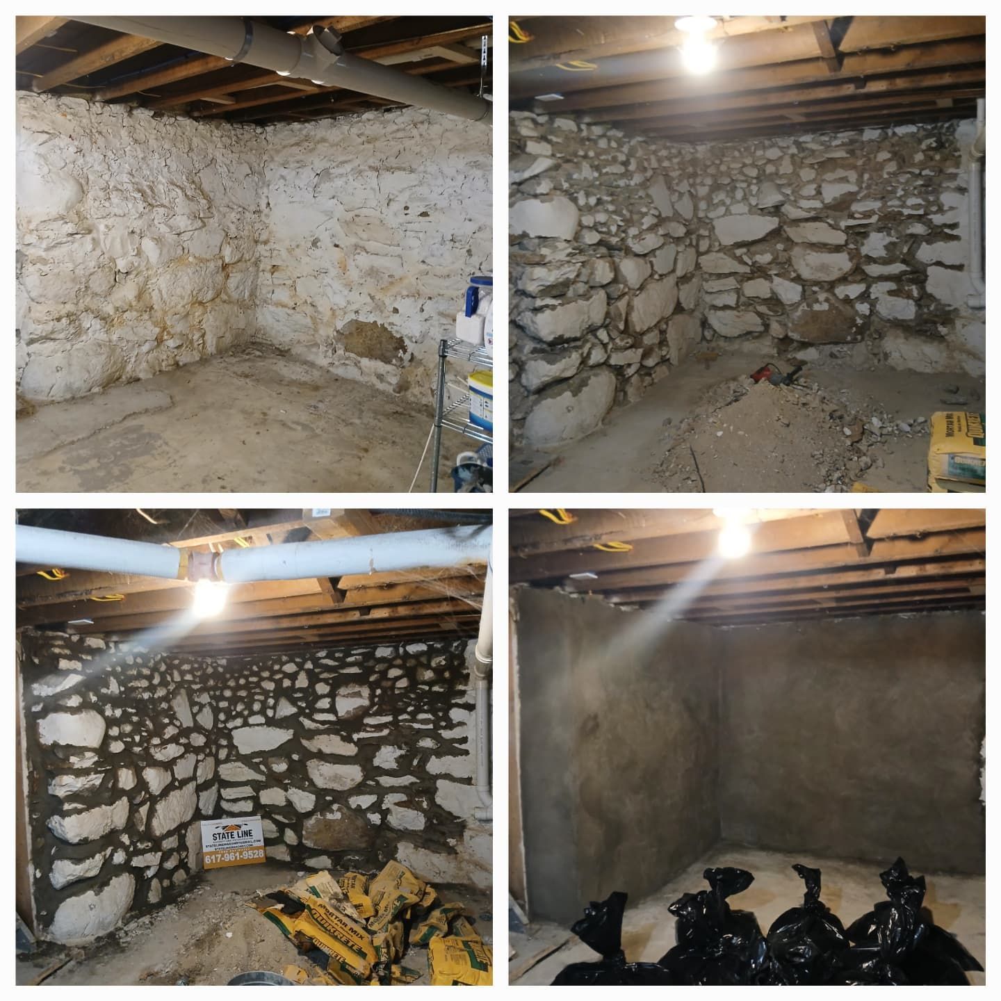 Four-panel progression: Basement stone walls being plastered; initially rough, then mortar added, then smoothed, finally a finished wall.