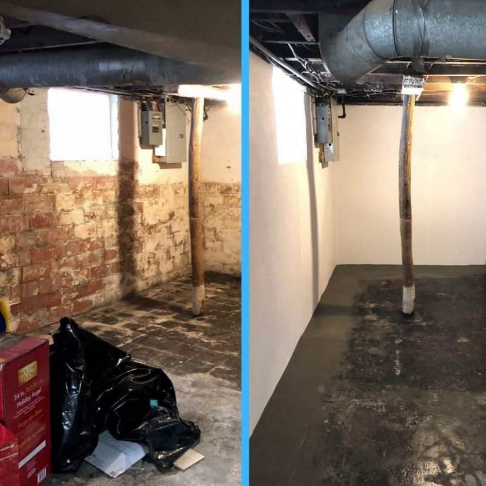 Basement before and after renovation. Left: brick wall, debris. Right: painted walls, clean floor.