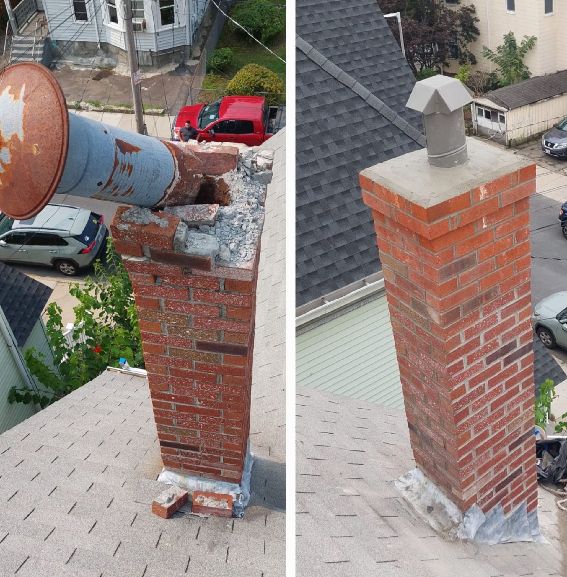 Before and after photos of a brick chimney repair on a rooftop, showing damaged chimney and the completed rebuild.