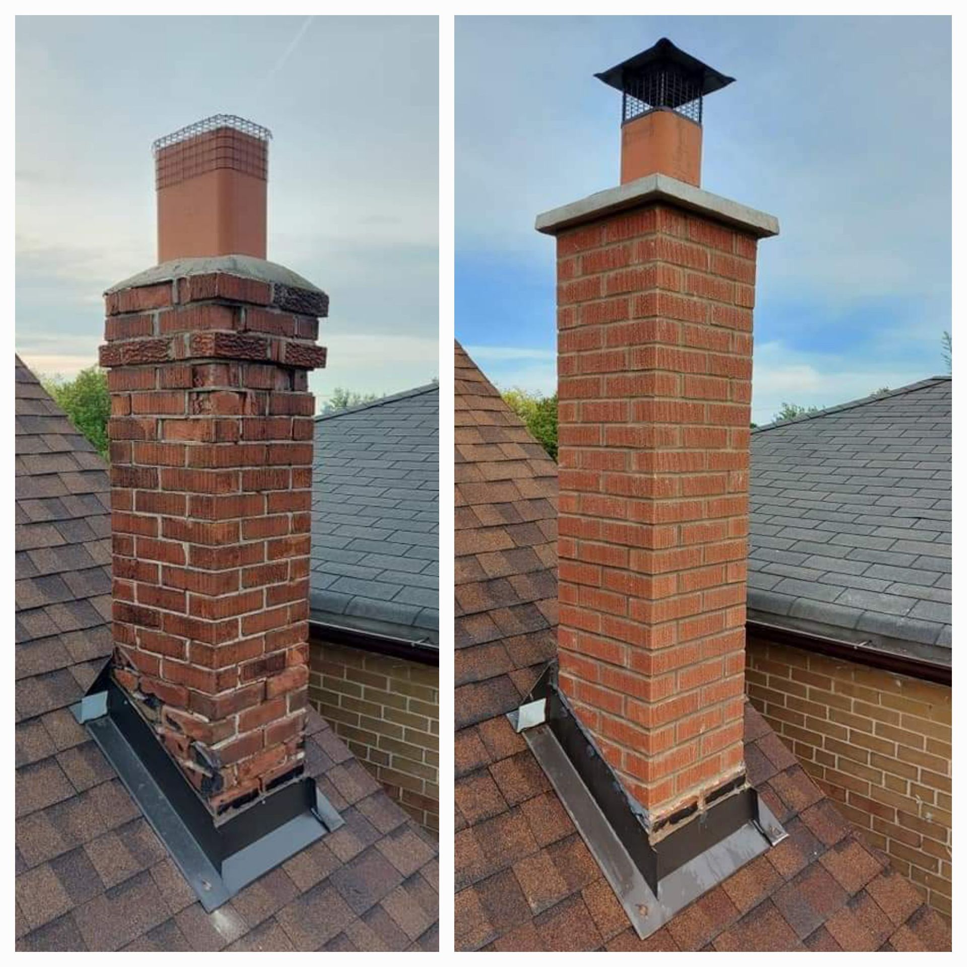 Chimney before and after repair, showing rebuilt brickwork, metal flashing, and cap against a cloudy sky.