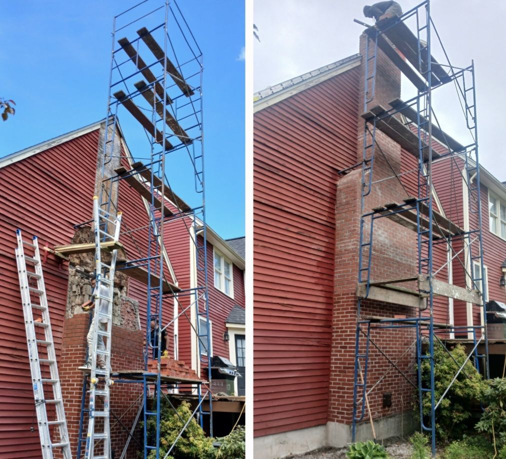 Two photos showing a chimney being repaired on a red-sided building, with scaffolding and a ladder.